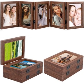 5-folding Hinged Picture Frames, 4x6 Inch High Definition Natural Wood Picture Frame, Folding Picture Frame, Rustic Desktop Acrylic Frame,Thanks Giving Day,Christmas