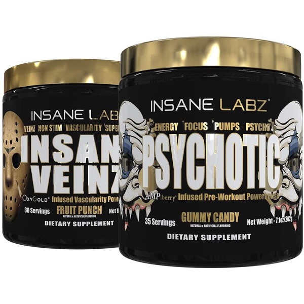 Insane Labz Psychotic Gold and Insane Veinz Gold Pre Workout Nitric Oxide Booster Stack, Increase Muscle Mass, Vascularity, Strength, Energy, Focus, Gummy Candy and Fruit Punch.