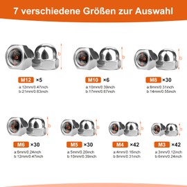 Cap Nuts High Shape Set 185 Pieces M3/M4/M5/M6/M8/M10/M12 Hexagonal Cap Nuts Galvanised Cap Nuts Corrosion Resistance Dome Nuts Cap Nuts for Furniture Vehicle Fixings (Silver/Stainless Steel)