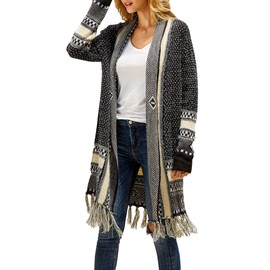 Misassy Womens Boho Open Front Long Cardigans Sweater Loose Long Sleeve Embroidery Tassels Kimono Duster Outwear Z-Black