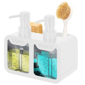 Peevel Dish Soap and Hand Soap Dispenser for Kitchen Sink, Soap Dispenser Set with Sponge Caddy and Brush Holder, Organizer for Kitchen Sink Countertop, White