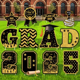 12 Pcs Graduation Yard Signs Class of 2025 Black Gold Outdoor Graduation Decorations 2025 Grad Yard Signs with Stakes Graduation Lawn Signs for College High School Party Decor
