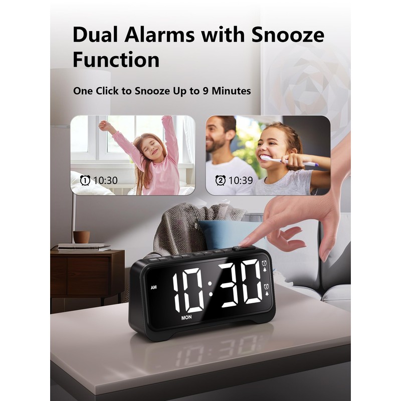 Mesqool Digital Bedside Clock - White LED Alarm Clock for