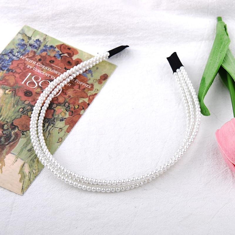 3 Layer Pearl Headband for Women Girls White Pearl Hair