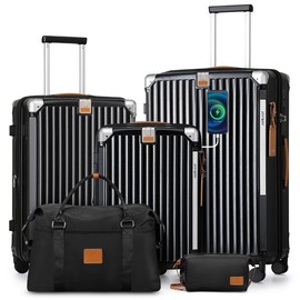 JOYWAY Family-Friendly 5-Piece Luggage Set – Expandable Spinner Suitcases with TSA Lock, Scratch-Resistant Hard Shell, and 2 Travel Totes for Travel Needs - Color: Black 20+travel bag+toiletry bag