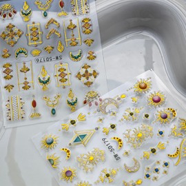 Gold Nail Art Stickers Sun Moon Nail Decals for Nails Art Flower with Design Nails Stickers 5D Embossed Self Adhesive for Women Girls Kid Manicure DIY Charms Decoration 2 Sheets