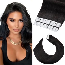Elailite 16" Tape in Hair Extensions 40pcs Human Hair Real Remy Hair Straight Skin Weft Hair Extensions (16inch 100g, 40pcs/set, 1B Natural Black)