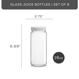 JoyJolt 16 oz Reusable Glass Bottles with Caps. Set of 8 Juicing Bottles With Lids and Juice Jars Labels. Glasses for Cold Brew Bottles, Smoothie