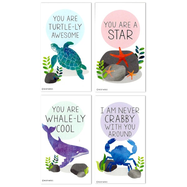 Mini Ocean Under the Sea Theme Valentines (Wallet-Sized Cards with Tiny Envelopes) for Valentine's Day by Nerdy Words (Set of 24)
