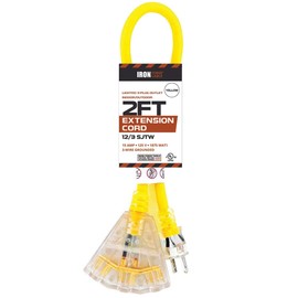 IRON FORGE CABLE Outdoor Extension Cord - 12/3 SJTW Heavy Duty Yellow 3 Prong Extension Cable W/ 3 Electrical Power Outlets - Great for Garden & Major Appliances (2ft - Yellow)
