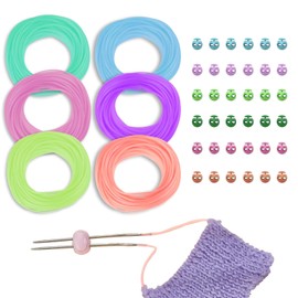 GeryVtee Cord Lock Kit 36 Pcs Silicone Knitting Stitches Holder 6 Rolls Round Knitting Barber Cords Stitch Markers for Knitting Cord Knitting Needle Stoppers Knitting Holder Cord for Knitting Projects