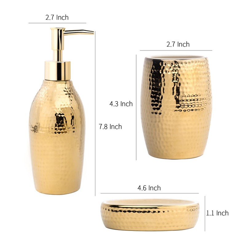 Gold Bathroom Accessory Set - 3 Piece Decorative Ceramic Bathroom
