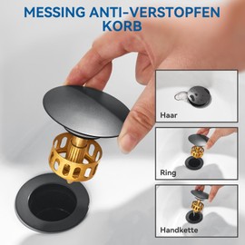 Auralum Stainless Steel Pop-Up Drain Valve with Brass Strainer and Union Nut, Black Drain Plug for Sink and Washbasin