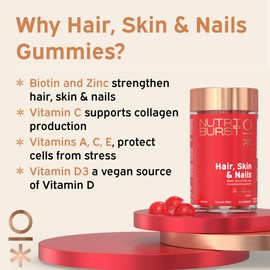 Nutriburst - Hair Skin and Nails Gummies - Biotin Zinc Vitamin E for Thicker Hair & Stronger Nails - Sugar Free Supplements - 60 Gummies 1 Month Supply - Suitable for Vegetarians & Vegans