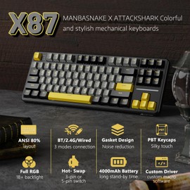 MANBASNAKE X Attack Shark X87 Wireless Mechanical Keyboard, Hot Swappable Gasket Custom Gaming Keyboard RGB Backlit Gaming Keyboard,Bluetooth/2.4GHz/USB-C with 4000mAh Battery (Black)