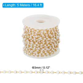 PATIKIL 5m/16 Feet Faux Pearl Beading Chain with Spool, 3mm Brass Chain Link for Jewelry Making DIY Necklace Bracelet Accessories Style 1, Dark Gold