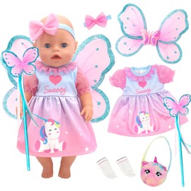 Baby Doll Clothes for 12-18 Inch Dolls, 6 Pcs Doll Clothes Outfit with Butterfly Wings Fairy Stick Headband Bag Socks for 30-45 cm New Doll Clothes Dress Girls Birthday Gift