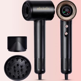 ELLA BELLA® Compact Plasma Hair Dryer, Advanced Plasma Technology Blow Dryer with Digital Display, Rapid Drying, Low Noise, & Luxury Velvet Travel Bag - Includes Diffuser & Nozzle- for All Hair Types