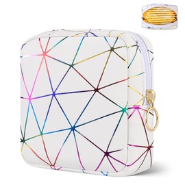 Likesing Period Bag Pouch, Leather Sanitary Napkin Storage Bag for Girls Womens, Portable Sanitary Napkin Period Pad Pouch Bag for Purse, Small Make Up Bags(Colorful White)