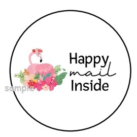 PartyMommy 30 HAPPY MAIL INSIDE ENVELOPE SEALS LABELS STICKERS 1.5" ROUND FLAMINGO GIFTS