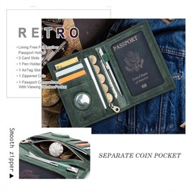 Contacts Full Grain Leather Airtag Passport Holder RFID Blocking Travel Passport Wallet Slim Passport Cover Case with 4 Cards Slots, Coin Pocket (Green)