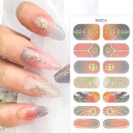 6 Sheets Marble Gel Nail Strips Glitter Nail Polish Stickers Gold Sun Moon Bow with Rhinestones Designs Full Wraps Sun Moon Nail Gel Decals for Women Girls Manicure Decorations Accessories