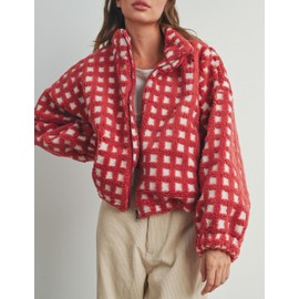 Esmeling Women’s Long Sleeve Cropped Sherpa Fleece Plaid Jacket Casual Chunky Teddy Fleece Outerwear (1024-Red-XL)