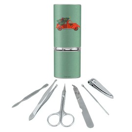 Old Timey Christmas Red Truck and Tree Stainless Steel Manicure Pedicure Grooming Beauty Care Travel Kit