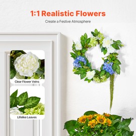 Happybuy Artificial Decorative Wreath, 23 Inches. Adorned with Hydrangeas, Roses, Berries, and Vines in Blue, White, and Green. Ideal for All Seasons, Indoor and Outdoor, Home Wall, Window