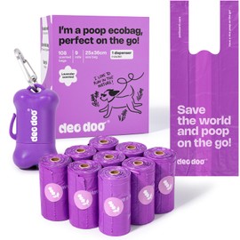 Deo Doo Dog Poop Bags with Handles 9 Rolls 108 Counts Big Sizes Leak Proof and Extra Thick Waste Bags Refill Rolls for Walking Small Medium Large Dogs Cats Litter With Holder Lavender Scented