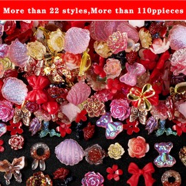 COOSLIM 110 Pieces 3D Nail Charms for Acrylic Nails, Camellia Rose Flower Butterfly Bowknot Heart Bear Rabbit Star Charms for Nail Art Designs DIY Accessories Craft(Red+2)