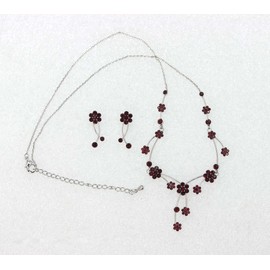 Faship Gorgeous Burgundy Rhinestone Crystal Floral Necklace Earrings Set