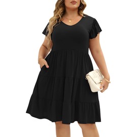 Celkuser Womens Plus Size Casual Summer Curvy Dresses Short Sleeves Tiered A Line Midi Dress with Pockets(cel137,24,Black)