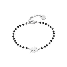Dtja Clover Ball Beads Bracelet for Women Stainless Steel Luck Bohemian Black Crystal Bead Four Leaf Flower Charms Link Chain Adjustable Bracelets for St.Patrick's Holiday (Silver)