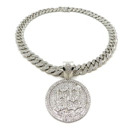 Pyramid Jeweler Mens Hip Hop Gold or Silver Tekashi 69 Medallion Pendant & 12mm Iced Box Lock Miami Cuban Choker Chain Necklace (Silver 18" Set)