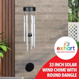 Exhart Solar Silver Wind Chime with Black Detailed Top and Round Dangling Charm, 5 x 5X 33.5 Inches