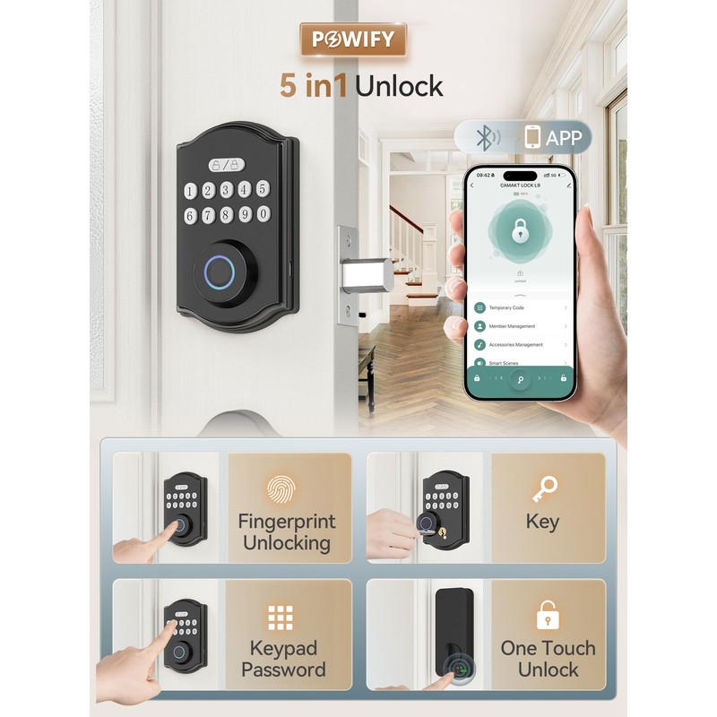 POWIFY Fingerprint Smart Front Door Lock Set, APP Control Keyless