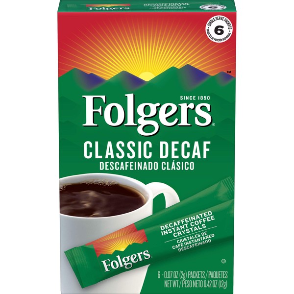 Folgers Classic Decaf Decaffeinated Instant Coffee Crystals, 6 Single Serve Packets (Pack of 12)