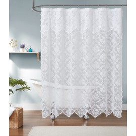 LinenZone 72" x 72" Lace Shower Curtains with Attached Valance & Tassels. Lace Fabric Shower Curtain is Great for Country or Rustic Decor. Modern Farmhouse Shower Curtain. (Mia Shower 72 x 72 White)