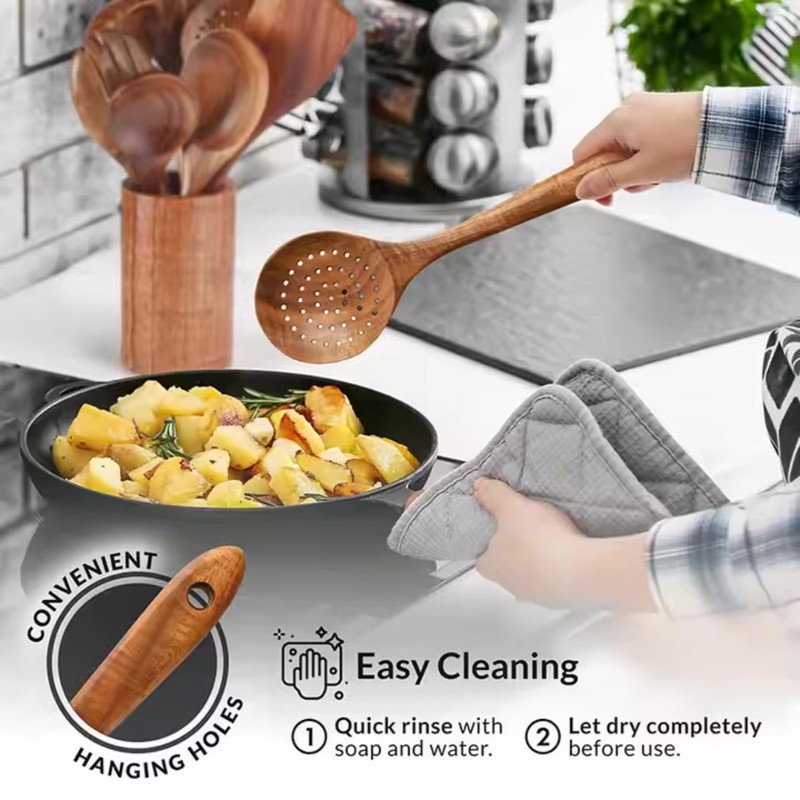 11-Piece Premium Teak Wood Utensil Set with Holder - Durable