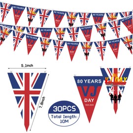 POPOYU VJ Day 80 Bunting,VJ Day 10 Metre Buntings,Vj Day 80th Anniversary Bunting Decorations with 30 Flags,Union Jack Bunting Outdoor for 80 Years Victory over Japan WW2 1945-2025 Decorations