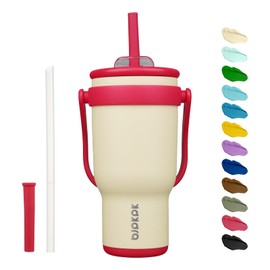 BJPKPK 30 OZ Insulated Travel Tumbler with Handle and Straw, Stainless Steel Water Bottle, Double Wall Vacuum Insulated Mug, for Work, Car, Travel, Cream