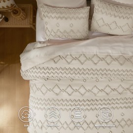 HIMEET Queen Comforter Set - Linen Colored Comforter Queen,Tufted Shabby Chic Comforter Set,3 Pieces Linen Comforter for All Seasons,Boho Comforter Set Queen with Comforter & 2 Pillow Shams