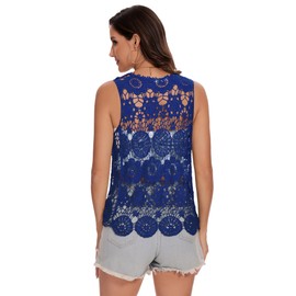 Anna-Kaci Lace Front Open Sleeveless Top Cardigan Crochet Vest Cover up Summer Beachwear, Navy, Medium