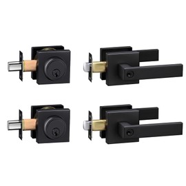 Exterior Door Lock Set with Deadbolt, Front Door Handle Set with Deadbolt, Door Levers Single Cylinder Deadbolt Set, Keyed Alike Heavy Duty Keyed Entry Handles Locksets,(Matte Black,2Pack)