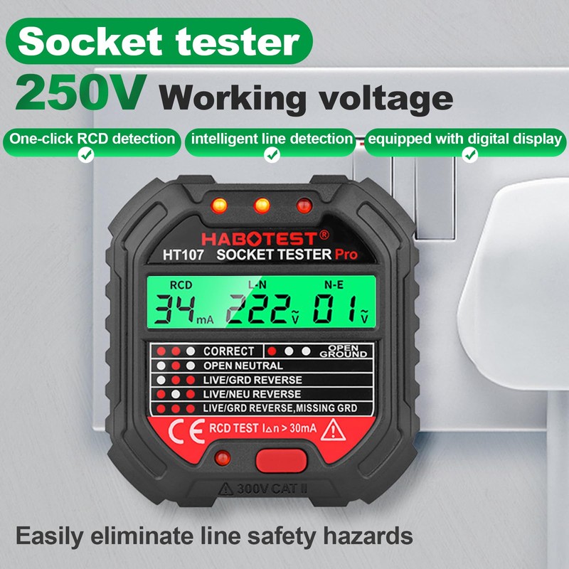 VOBOR Steckdosentester mit RCD-Prüfung und LCD-Voltage-Display, 6 Arten von Fehlerdiagnose,