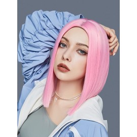 ENTRANCED STYLES Pink Wig Synthetic Straight Hair Middle Part Shoulder Length Bob Wigs for Women Colorful Fashion Bob Wigs
