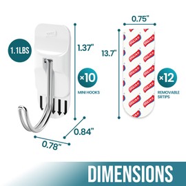 TAILI Damage-Free Hanging Hooks,10 Mini Utility Hooks and 12 Pcs Adhesive Strips, Holds up to 1.1 lb, No Tools Damage-Free Stick on Bathroom or Kitchen for Hanging Decorations,Organization-White