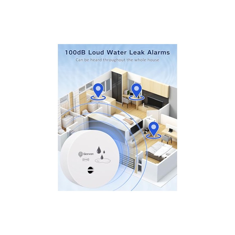 Geevon Water Leak Detectors - 100dB Alarm Sensors for Home