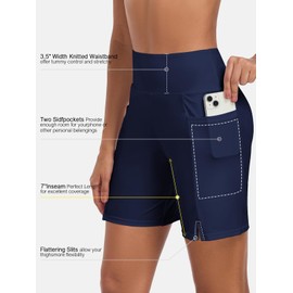 Ocean Blues Women's Navy Blue 7" Swim Shorts with Liner Quick Dry High Waisted Board Shorts Full Coverage Tankini Bottom Large